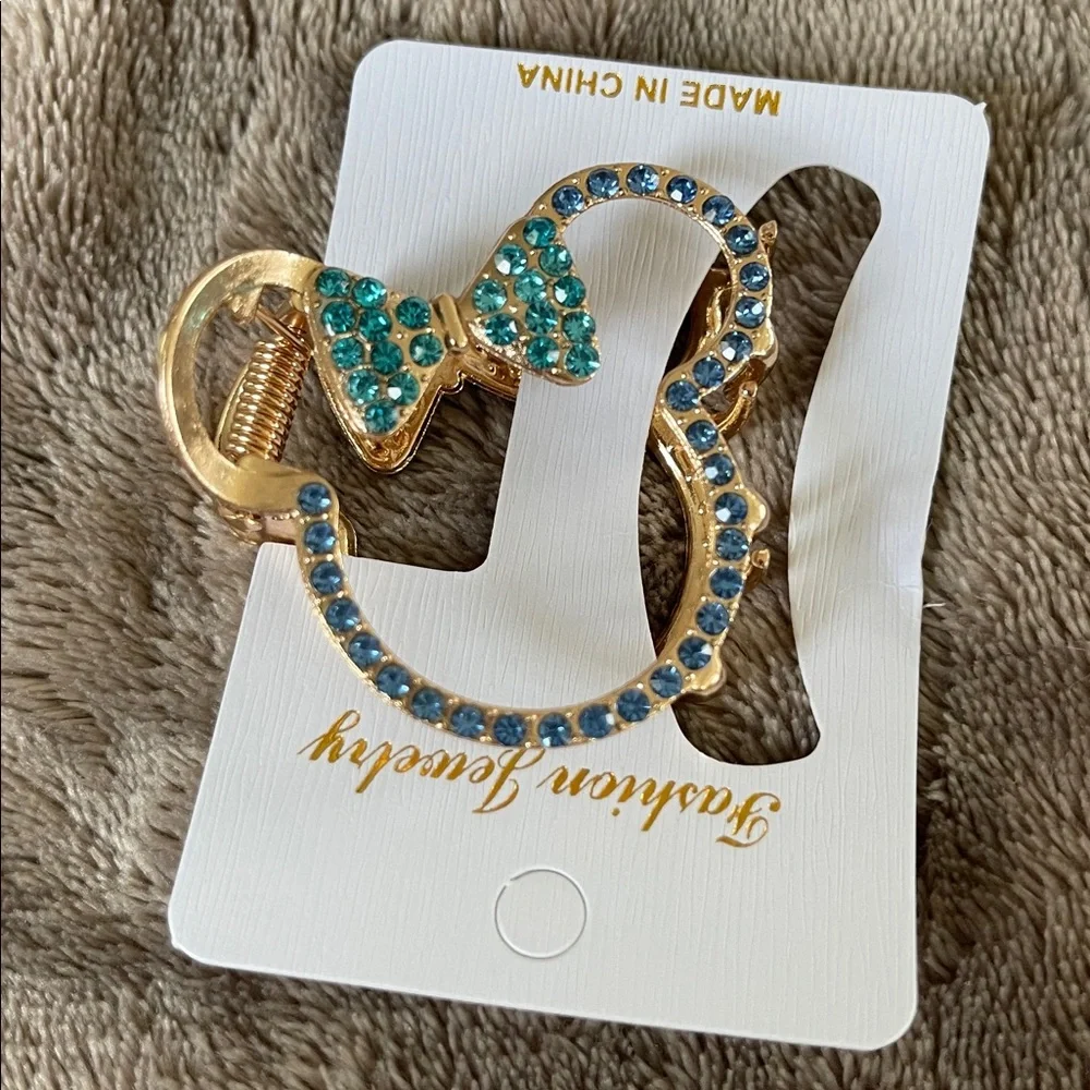 Gold toned blue Rhinestone Minnie mouse Hair Clip nwt